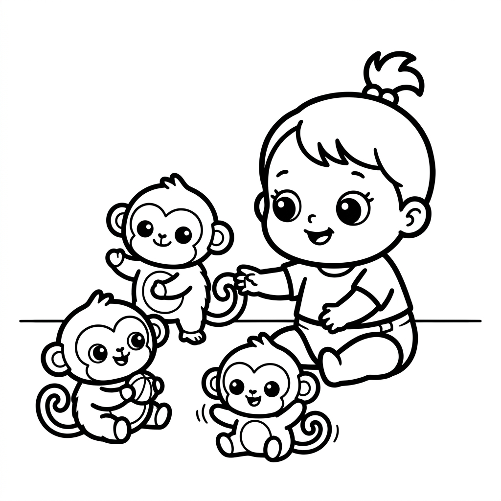 Raya and the last dragon coloring page of a cute baby girl sitting with three small fluffy monkeys